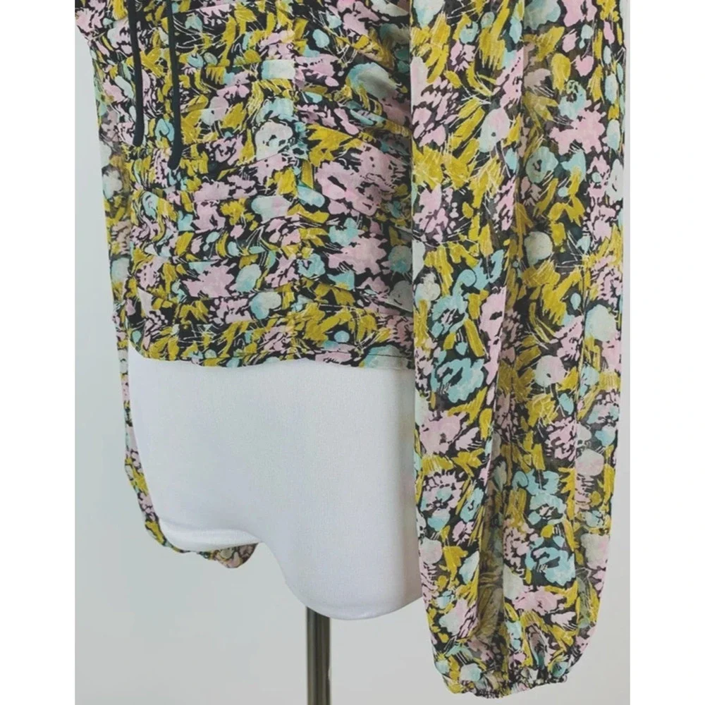 Free People Mabel Lace-Up Top XS Blouse Smocked Floral Bohemian Long Puff Sleeve